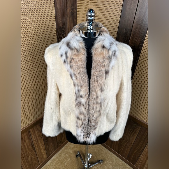 BEAUTIFUL CREAM COLORED MINK & SPOTTED BOBCAT CAT LYNX FUR COLLAR JACKET COAT S - Picture 2 of 11